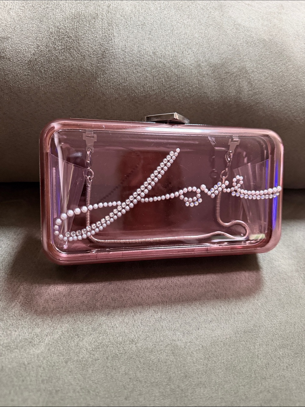 Giambattista Valli x H&M Pink Clear Acrylic Clutch with Pearl Script Detail, EUC